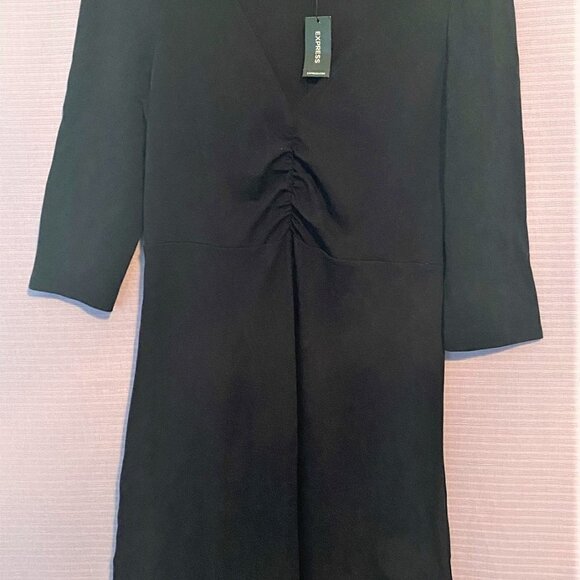 NWT Express Size Medium Midi "Slip On" Black Dress V-NECK - Picture 2 of 9